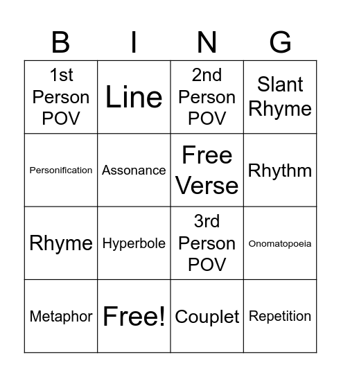 Poetry Vocabulary Bingo! Bingo Card