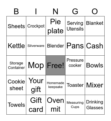 Julia’s Bridal Gift Bingo Card