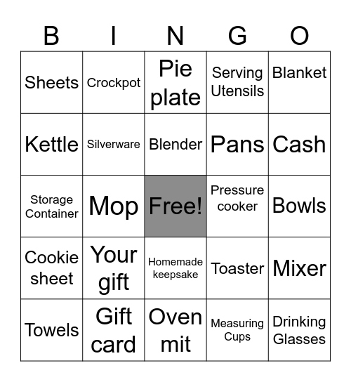 Julia’s Bridal Gift Bingo Card