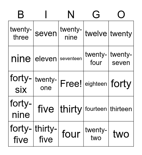 Numbers Bingo Card