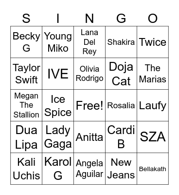 SINGO Bingo Card