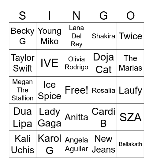 SINGO Bingo Card