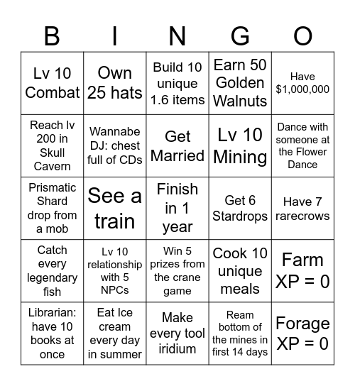 Blackout Stardew Valley Bingo Card