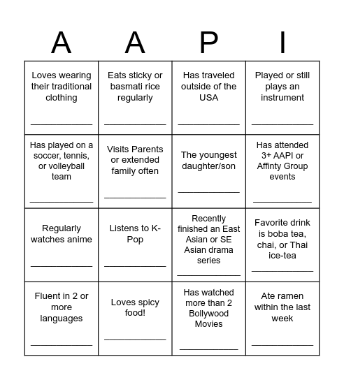 AAPI BINGO Card