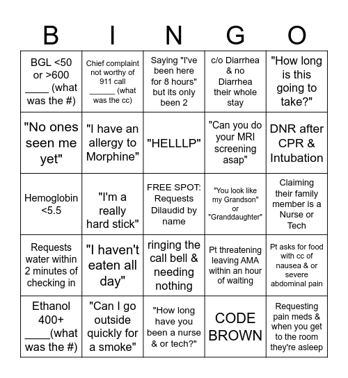 ER Bingo Card