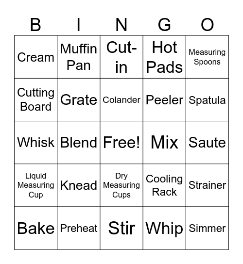 Cooking Equipment & Cooking Terms Bingo Card