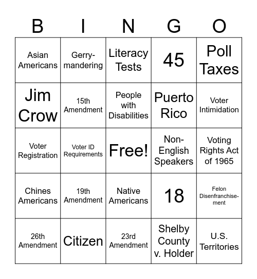 Voting Rights Bingo Card