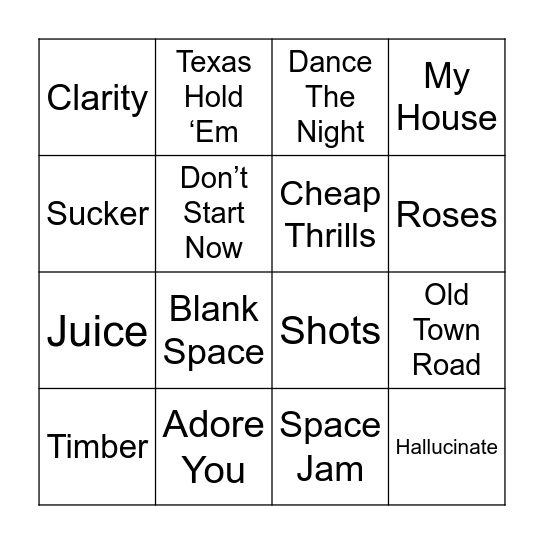 Make You Wanna Dance Bingo Card