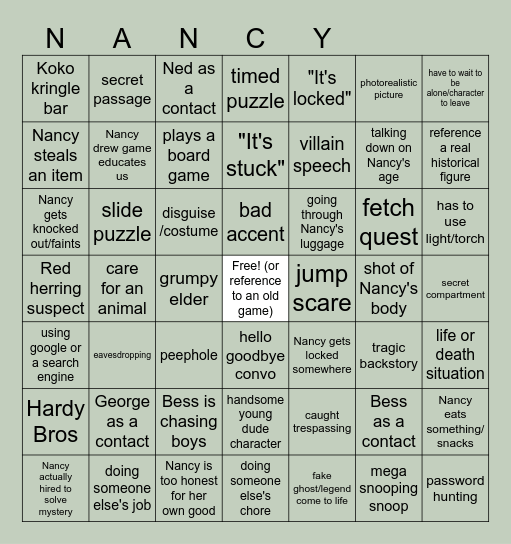 Nancy Drew Game +++ Bingo Card