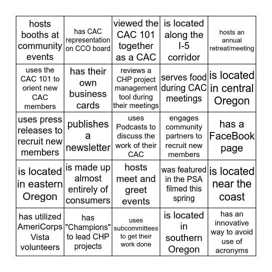 Find someone that is a part of a CAC that… Bingo Card