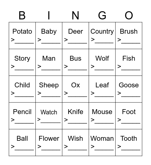 Plural noun Bingo Card