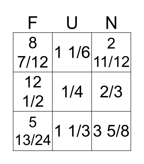 Fraction Bingo Card