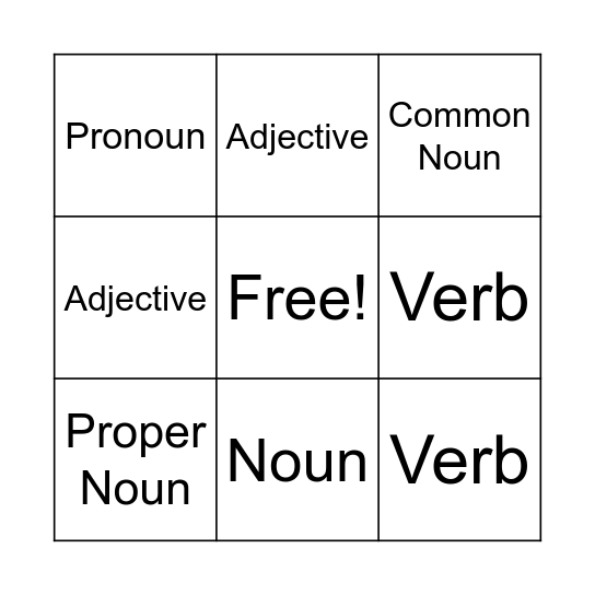 Parts of Speech Bingo Card