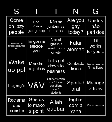 English class Bingo Card