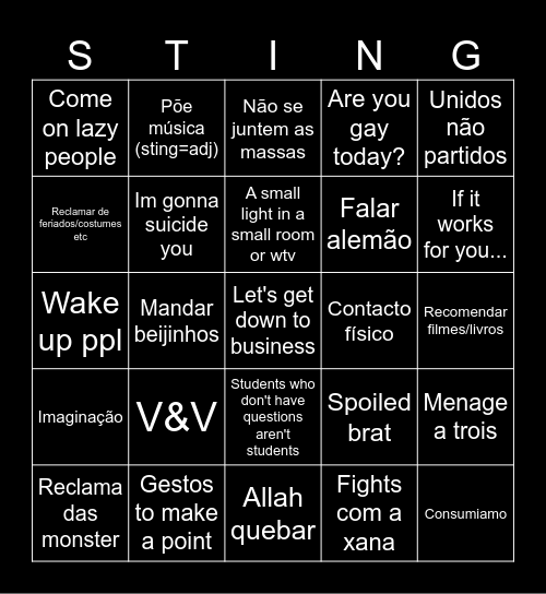 English class Bingo Card