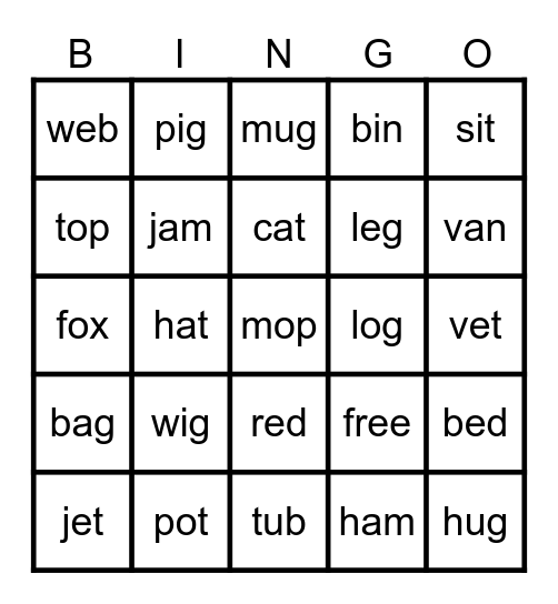 3-Letter Words Bingo Card
