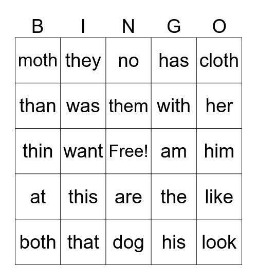 Bingo (th and sight words) Bingo Card