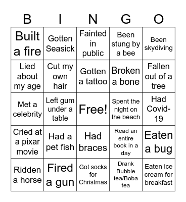 Never Have I Ever Bingo Card