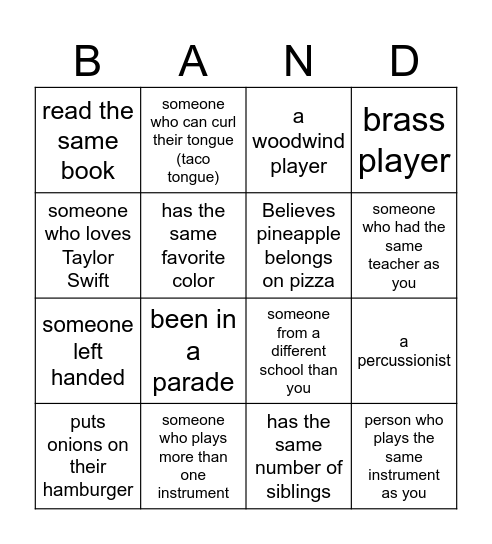 Band Bingo Card
