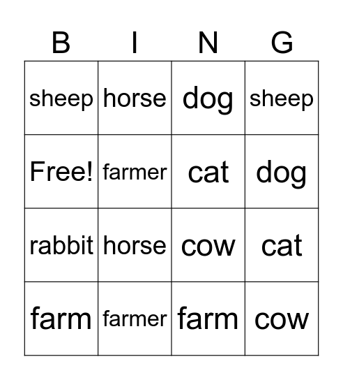 Farm Animals Bingo Card