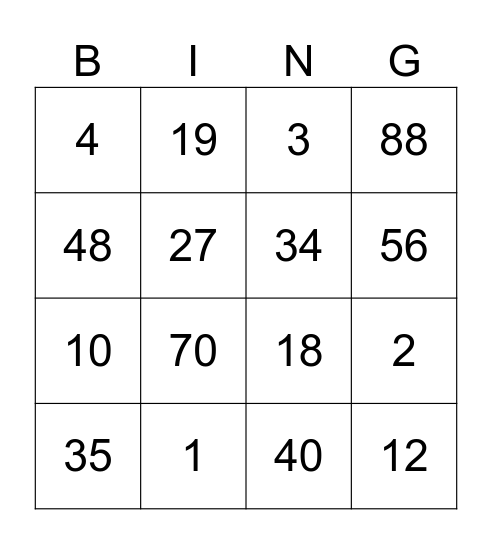 numbers Bingo Card