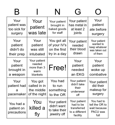 Pre-op/PACU BINGO Card