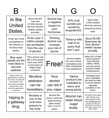 Alcohol and Nicotine Facts Bingo Card