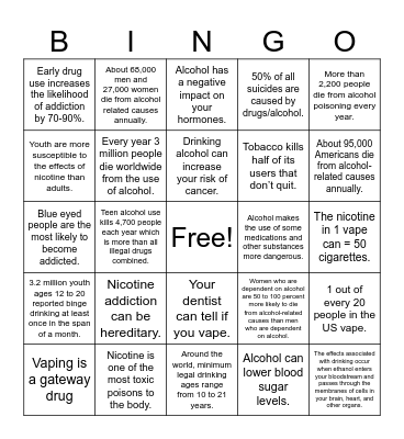 Alcohol and Nicotine Facts Bingo Card