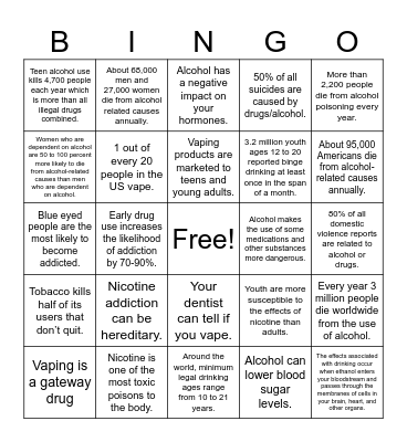 Alcohol and Nicotine Facts Bingo Card