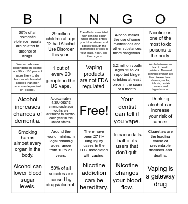 Alcohol and Nicotine Facts Bingo Card