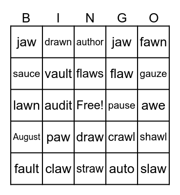 AU AW Words Bingo Card