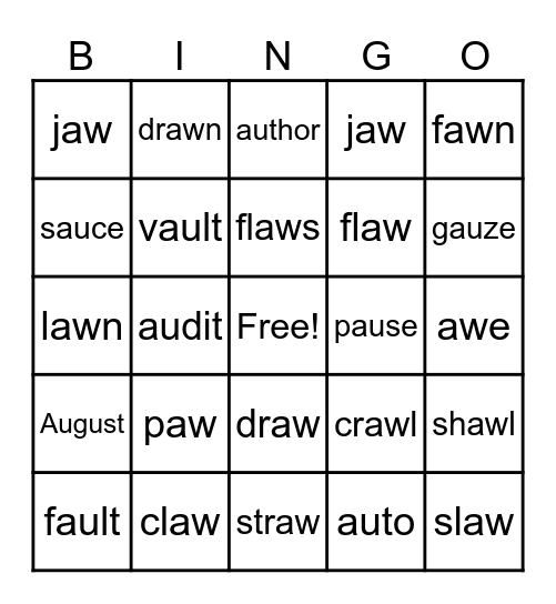 AU AW Words Bingo Card