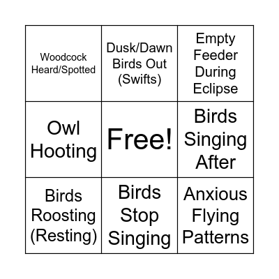 Bird Eclipse Behavior Bingo Card