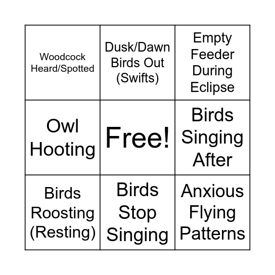 Bird Eclipse Behavior Bingo Card