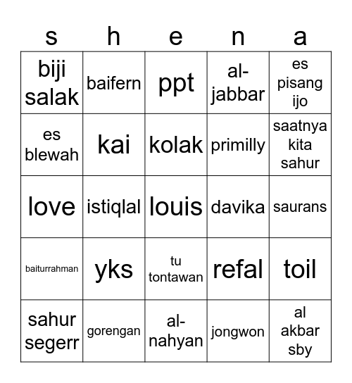 cantik Bingo Card