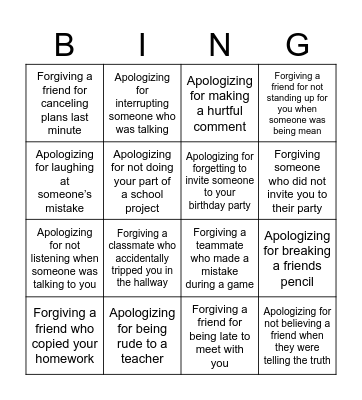Forgiving & Apologizing Bingo Card