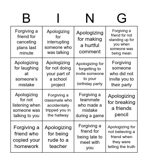 Forgiving & Apologizing Bingo Card