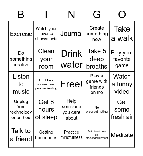 Self-Care Bingo Card