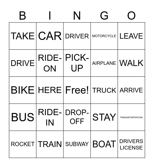 ASL1 Transportation Bingo Card