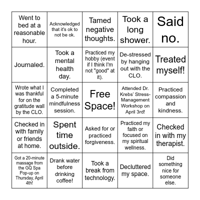 CLO's Wellness Bingo Card