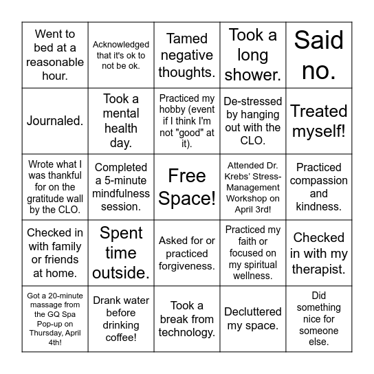 CLO's Wellness Bingo Card