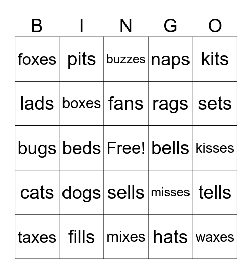 Suffixes Bingo Card