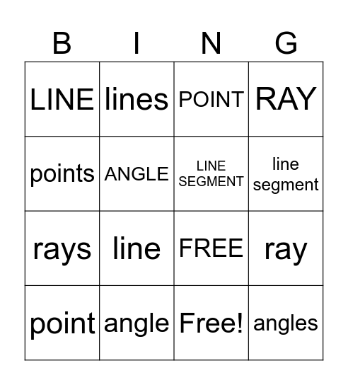 Point, Line, Ray, Lines, Line Segment Bingo Card