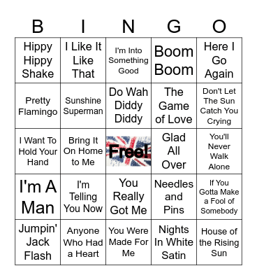 1960's British Invasion Music Bingo Card