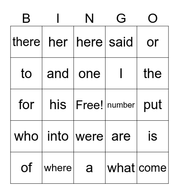 Trick Words Bingo Card