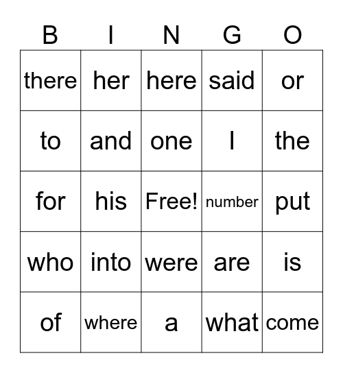 Trick Words Bingo Card