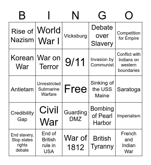 US History - War Bingo Card