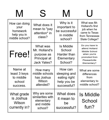 Middle School Meet Up Bingo Card