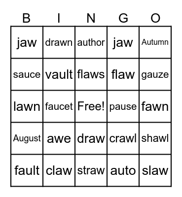 AU AW Words Bingo Card