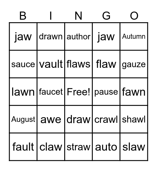 AU AW Words Bingo Card